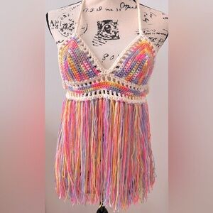 Colorful Handmade Crochet Halter Top with Fringe